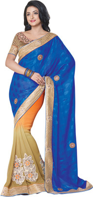 

Saara Printed Fashion Jacquard Saree(Blue, Beige), Beige;blue