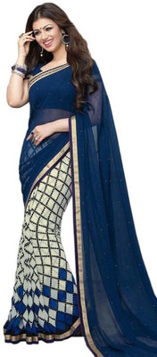 Bombey Velvat Fab Printed, Self Design, Geometric Print, Floral Print, Solid/Plain Daily Wear Chiffon Saree(Dark Blue)