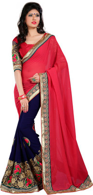

Party Wear Dresses Embroidered Fashion Georgette Saree(Red, Dark Blue), Dark blue;red
