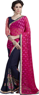 

Lovely Look Embroidered Daily Wear Georgette Saree(Blue, Pink), Navy blue & pink