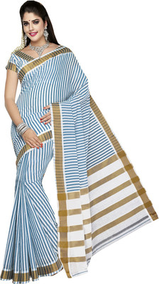 

Ishin Solid Fashion Cotton Saree(White), White & blue