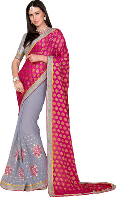 

Khushali Self Design, Embroidered Fashion Chiffon Saree(Pink, Grey), Grey;pink