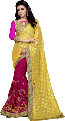

Khushali Self Design, Embroidered, Embellished Fashion Georgette, Jacquard Saree(Yellow, Purple, Beige, Beige;purple;yellow