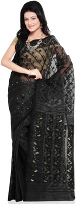 

Purabi Woven Jamdani Handloom Silk Saree(Black)