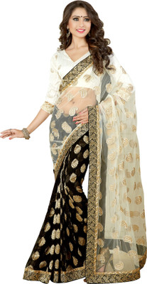 

Khushali Self Design, Embroidered Fashion Net Saree(White, Black), Black;white