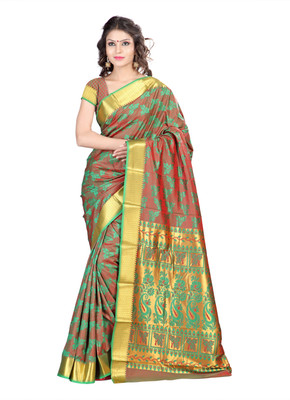 

Varkala Silk Sarees Woven Kanjivaram Jacquard Saree(Green, Red)