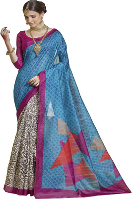 

Mathura Printed Bhagalpuri Cotton Saree(Blue, White)