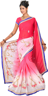 

Shree Rajlaxmi Sarees Embroidered Fashion Georgette Saree(White, Red), Red;white