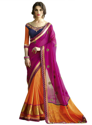 

Khushali Self Design, Embroidered, Embellished Fashion Jacquard, Georgette, Net Saree(Pink, Orange, Blue), Blue;orange;pink