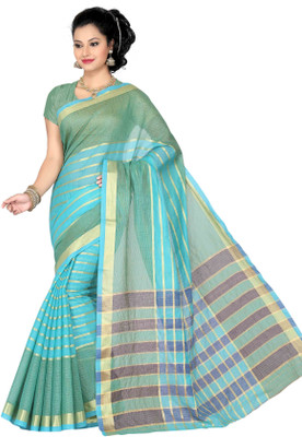 

Ishin Striped Fashion Cotton Saree(Blue)