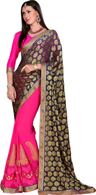 Khoobee Self Design, Embroidered, Embellished Fashion Chiffon Saree(Blue, Pink)