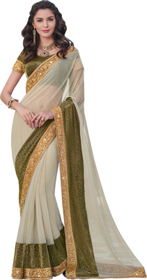 

Jiya Self Design, Embroidered, Embellished Fashion Lycra Saree(Beige, Green)