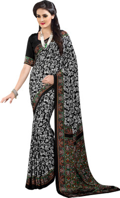 

Khoobee Self Design, Printed Fashion Crepe Saree(Black, White, Green), Black;green;white