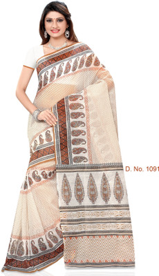 

Indianbeauty Striped, Printed Fashion Cotton Saree(White, Brown), Brown;white