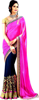 

Winza Solid, Embroidered, Embellished, Self Design Bollywood Georgette Saree(Blue, Pink), Gold;navy blue;pink