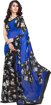 Khoobee Self Design, Printed Fashion Georgette Saree(Blue, Black, White), Black;blue;white