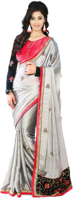 

Radhika Sari Embroidered Bollywood Handloom Synthetic Crepe Saree(Grey, Red)