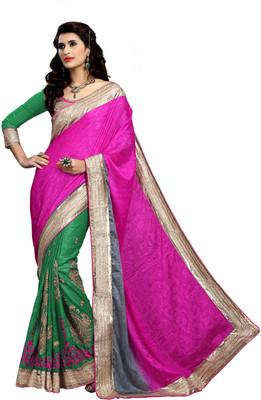 

Khushali Self Design, Embroidered, Embellished Fashion Jacquard, Jacquard Saree(Pink, Green, Beige, Beige;green;pink