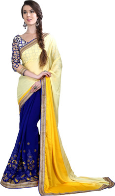 

Khushali Self Design, Embroidered Fashion Georgette, Chiffon Saree(Yellow, Blue), Blue;yellow