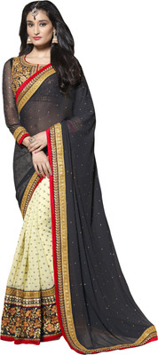 

Saara Self Design Fashion Georgette Saree(Black, White), Black & cream