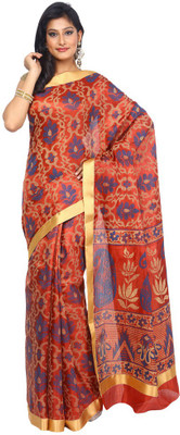 

Kataan Bazaar Printed Banarasi Handloom Tussar Silk Saree(Brown), Rust