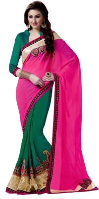 

Khushali Self Design, Embroidered Fashion Georgette Saree(Green, Pink)