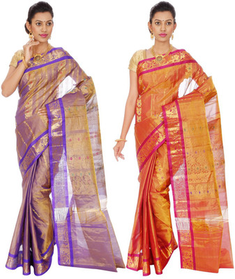 

Mahaveersilkcreations Woven Kanjivaram Pure Silk Saree(Pack of 2, Multicolor), Multi