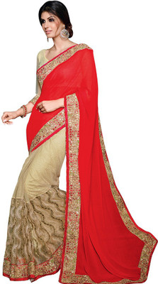 

Desi Butik Embroidered Fashion Georgette, Net Saree(Red, Beige), Red and beige