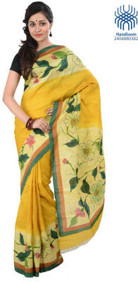 Tantuja Solid Fashion Handloom Silk Saree(Yellow, Green)