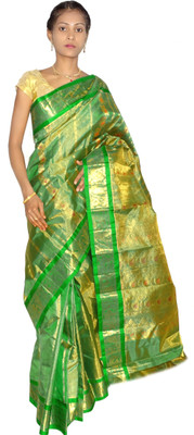

Mahaveersilkcreations Woven Kanjivaram Handloom Silk Saree(Green), Bright ramagreen