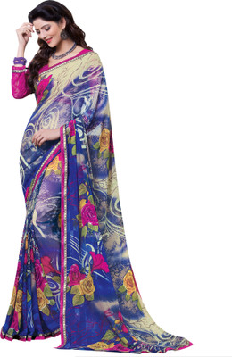 

Parisha Printed Fashion Georgette Saree(Blue, Beige), Beige;blue