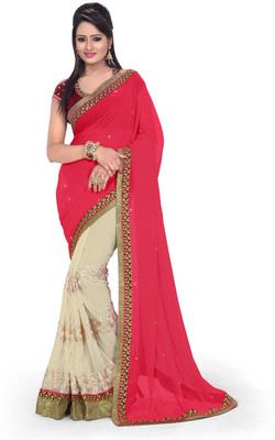 Stylish Girls Embroidered Fashion Georgette Saree(White)