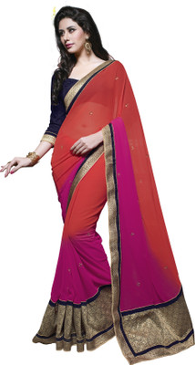 

Khushali Self Design, Embellished, Embroidered Fashion Georgette Saree(Orange, Pink)
