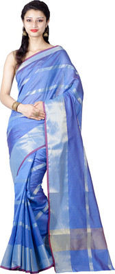 

Chandrakala Striped Banarasi Silk Saree(Blue)