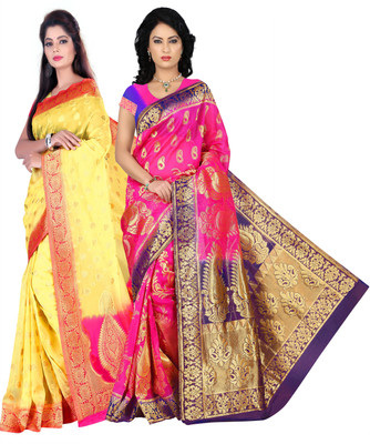 Weavedeal Embellished Kanjivaram Silk Cotton Blend Saree(Pack of 2, Multicolor)
