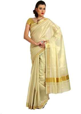 

Creative Weaves Solid Chettinadu Cotton Saree(Gold), White
