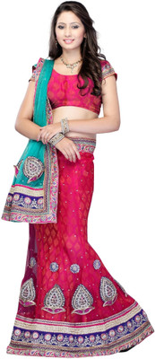 

JTInternational Self Design Lehenga Saree Net Saree(Pink, Green), Green;pink