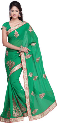 Desi Butik Embroidered Fashion Art Silk Saree(Green)