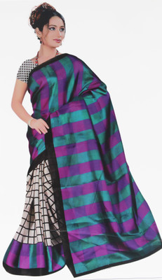 

BPS Printed, Checkered Bhagalpuri Handloom Printed Silk, Art Silk, Khadi, Silk Cotton Blend Saree(Green, Purple, Beige), Grppl check dn-1090