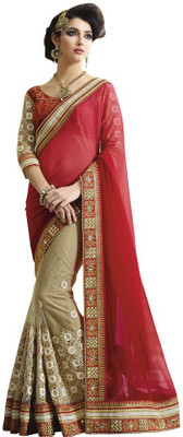 

Kintu Designs Pvt. Ltd. Embroidered Fashion Georgette Saree(Red, Beige), Beige;red