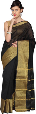 Pavechas Solid Banarasi Cotton, Silk Saree(Black