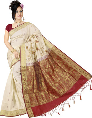 

JagannathSaree Woven Fashion Silk Saree(White, Red), Red;white