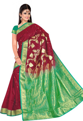 

JagannathSaree Self Design Fashion Silk Saree(Red, Green), Green;red
