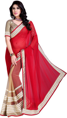 

Khoobee Self Design, Embroidered Fashion Chiffon, Net Saree(Beige, Red)