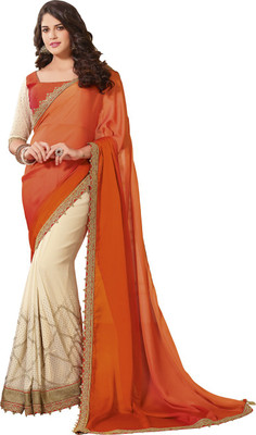 

Saara Embroidered Fashion Silk Saree(Orange, White), Shimmer & gloria silk