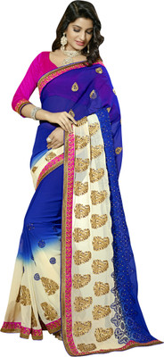 

Khoobee Embellished, Embroidered, Self Design Fashion Georgette Saree(Blue, White), Blue;cream