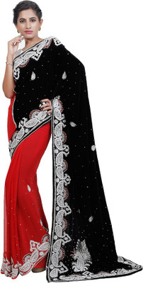 

Adaab Embroidered Fashion Velvet Saree(Black), Black velvet;red