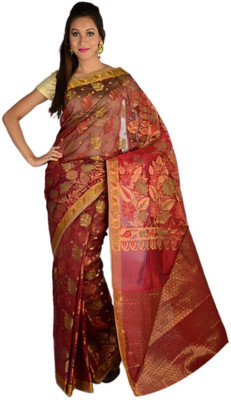 9rasa Printed Banarasi Cotton Blend Saree(Maroon)