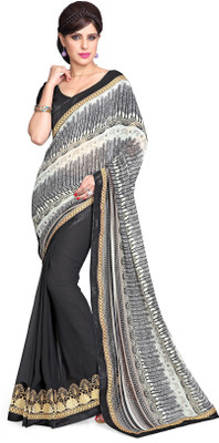 Sourbh Sarees Printed Fashion Georgette Saree(White, Black, Black;white