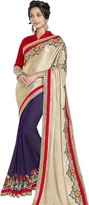 Jiya Self Design, Embroidered Fashion Silk, Jacquard, Chiffon Saree(Beige, Purple, Red)